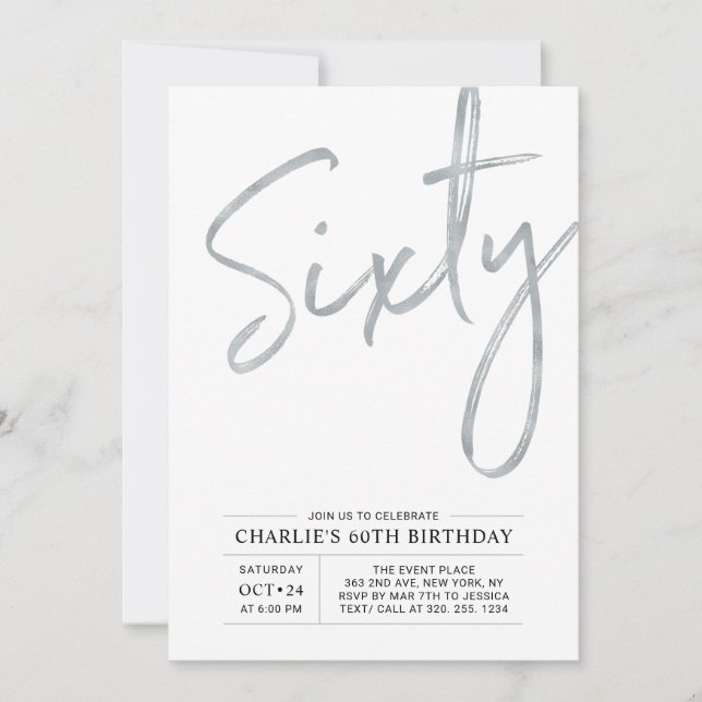Sixty | Modern Silver Brush 60th Birthday Party Invitation (Front)