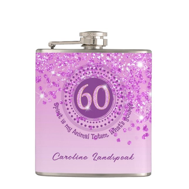 Sixty & Pink Glitter & Drinking Quote Hip Flask (Front)