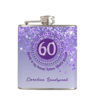 Sixty & Purple Glitter & Drinking Quote Hip Flask