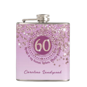 Sixty & Rose Gold Glitter & Drinking Quote Hip Flask