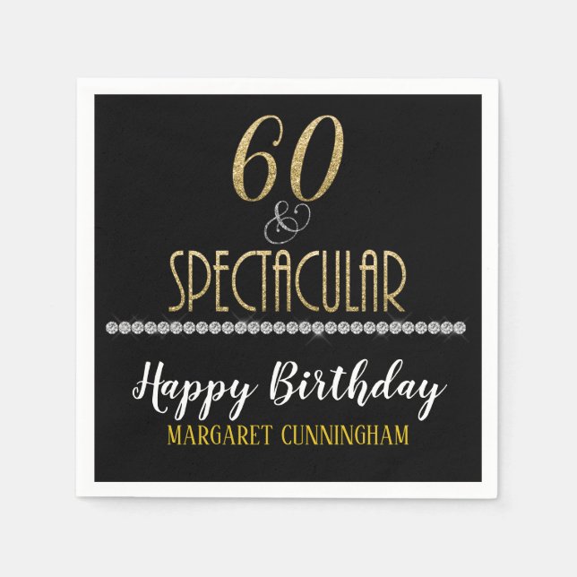 Sixty & Spectacular Gold Silver Diamonds Birthday Napkin (Front)