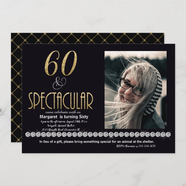 Sixty & Spectacular Gold Silver Diamonds Photo Invitation (Front/Back)