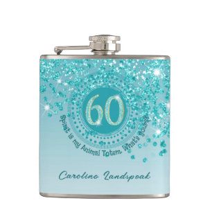 Sixty & Teal Blue Glitter & Drinking Quote Hip Flask
