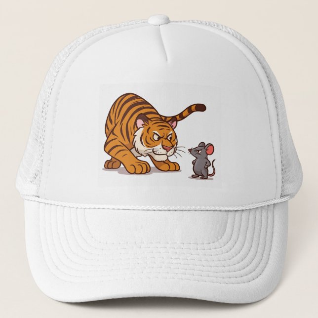 "Size Doesn’t Scare Me – Mouse vs Tiger Showdown" Trucker Hat (Front)
