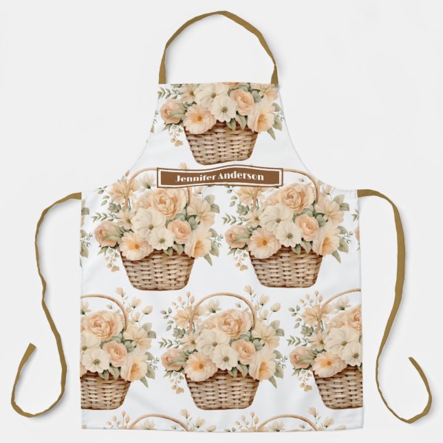 Size Large Girly Peach Floral Basket Print Apron (Front)