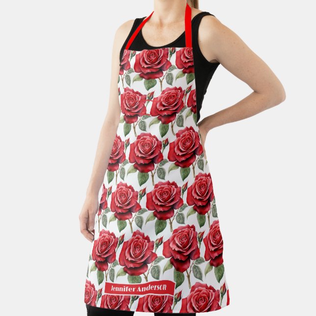 Size Large Red Roses Elegant Floral  Apron (Insitu)