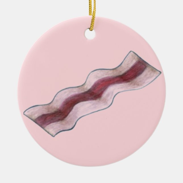 Sizzling Pink Bacon Strip Breakfast Food Ceramic Ornament (Front)
