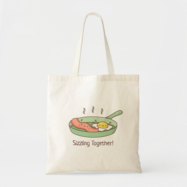 Sizzling Together, Cute Bacon and Egg Breakfast Tote Bag (Front)