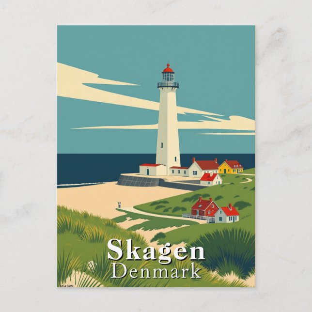 Skagen, Denmark Lighthouse Retro Art Postcard (Front)