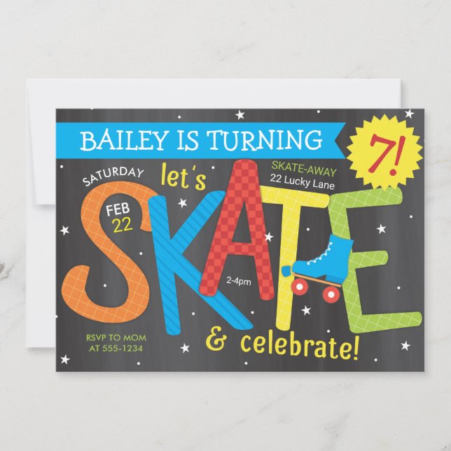 Skate Birthday Party - Brights on Chalkboard Invitation (Front)