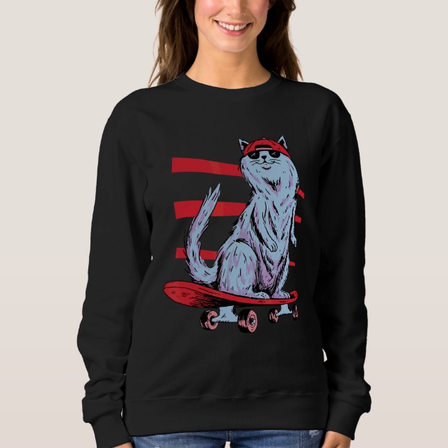 Skate Cat Cool Retro Fun Weird Bizarre Art Sweatshirt (Front)