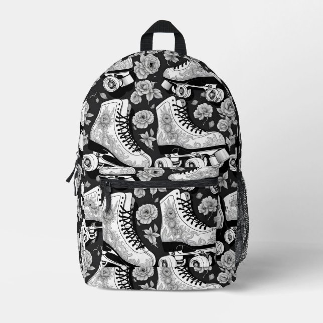 Skate Classic Roller Skates Black White Printed Backpack (Front)