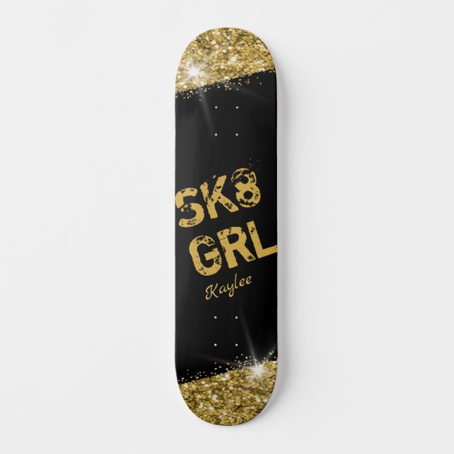 Skate Girl Black Gold Glitter Girly Personalized Skateboard (Front)