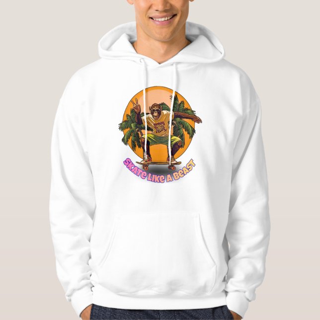 Skate Like a Beast Cool Chimpanzee Skater Design Hoodie (Front)