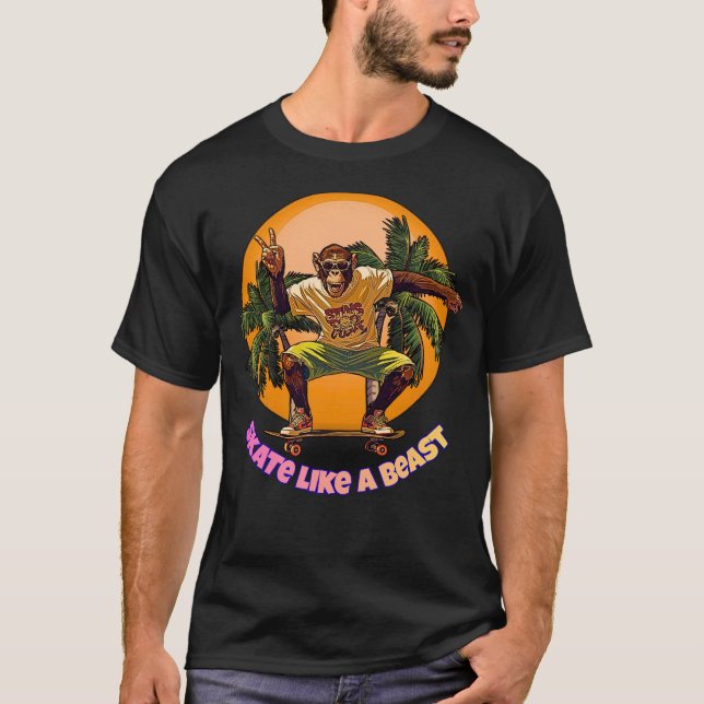 Skate Like a Beast Cool Chimpanzee Skater Design T-Shirt (Front)