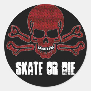 skate or die red textured skull classic round sticker