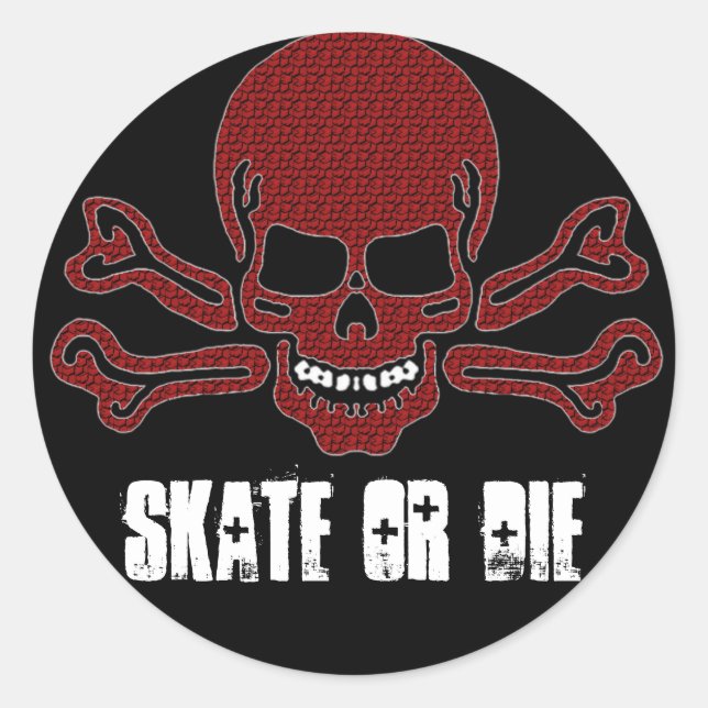 skate or die red textured skull classic round sticker (Front)
