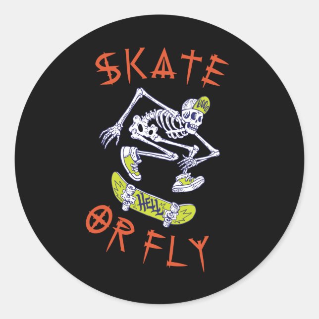 Skate or Fly Skeleton Skateboarder Classic Round Sticker (Front)