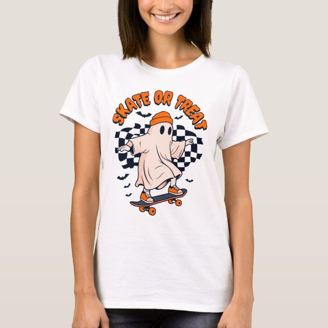 Skate or Treat Ghost Halloween T-Shirt (Front)