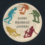 Skate Park Skateboarding Themed Teen Boys Birthday Paper Plate<br><div class="desc">Create custom party supplies with a skateboarding theme. These skate park paper plates feature illustrations of skateboarders in rust orange, turquoise blue, dark red, mustard yellow and green set against a faux woodgrain background. The text is in charcoal grey and all of it is ready to be customized with your...</div>