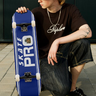 Skate Pro Photo Striped Blue & White Skateboard