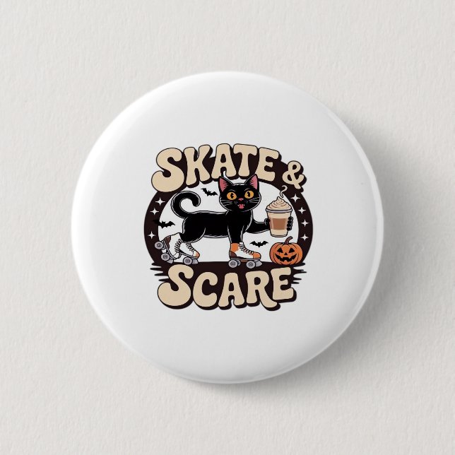 Skate & Scare – Cute Black Cat Roller Skating Over 2 Inch Round Button (Front)