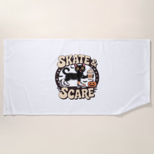 Skate & Scare – Cute Black Cat Roller Skating Over Beach Towel