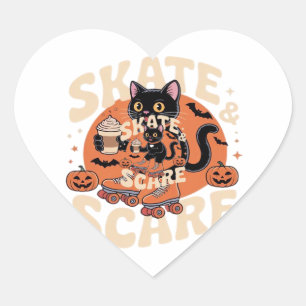 Skate & Scare � Cute Black Cat Roller Skating Over Heart Sticker