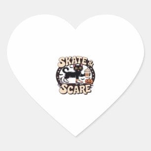 Skate & Scare – Cute Black Cat Roller Skating Over Heart Sticker