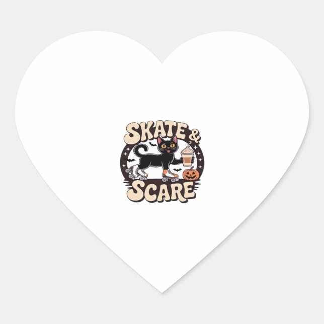 Skate & Scare – Cute Black Cat Roller Skating Over Heart Sticker (Front)
