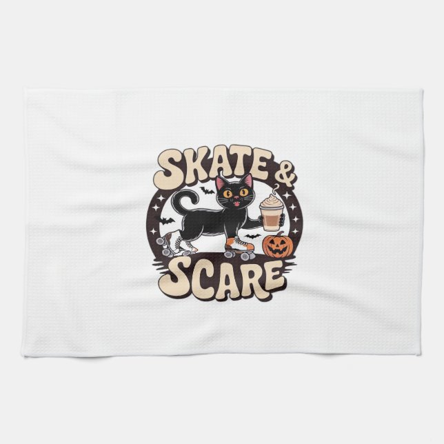 Skate & Scare � Cute Black Cat Roller Skating Over Kitchen Towel (Horizontal)