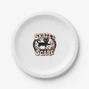 Skate & Scare – Cute Black Cat Roller Skating Over Paper Plate