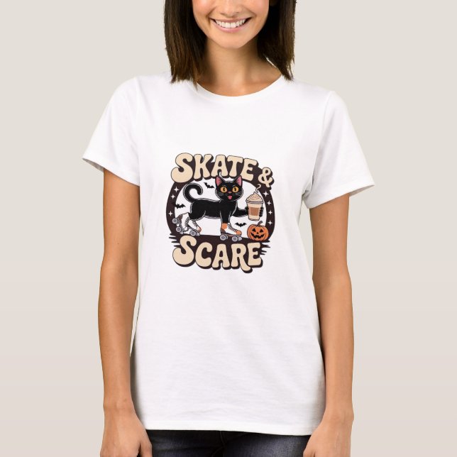 Skate & Scare � Cute Black Cat Roller Skating Over T-Shirt (Front)