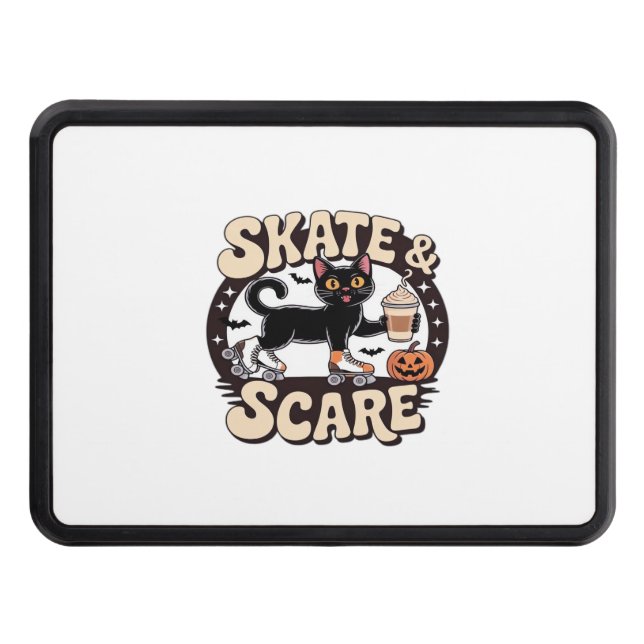 Skate & Scare – Cute Black Cat Roller Skating Over Trailer Hitch Cover (Front)