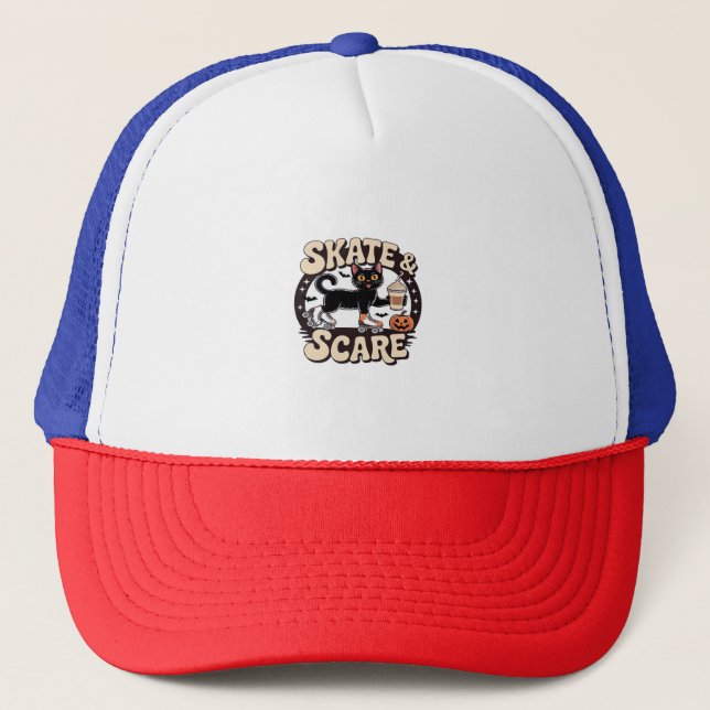 Skate & Scare – Cute Black Cat Roller Skating Over Trucker Hat (Front)
