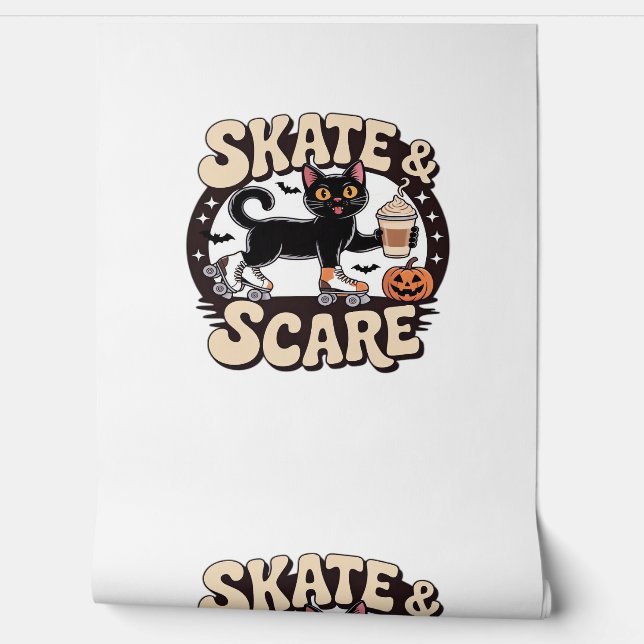Skate & Scare – Cute Black Cat Roller Skating Over Wallpaper (Unrolling)
