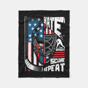 Skate Shoot Score Repeat Ice Hockey American Flag Fleece Blanket