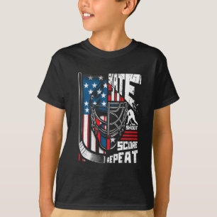 Skate Shoot Score Repeat Ice Hockey American Flag T-Shirt