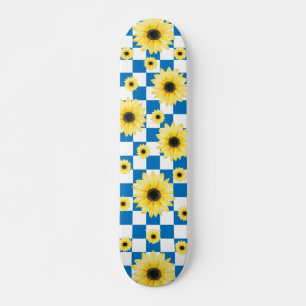 Skateboard à damiers et tournesol bleu et blanc