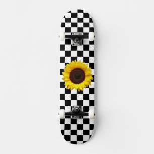 Skateboard À damiers et tournesol noir et blanc