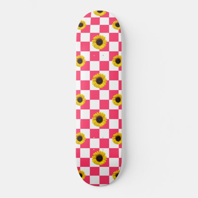 Skateboard À damiers et tournesol rose et blanc (Recto)