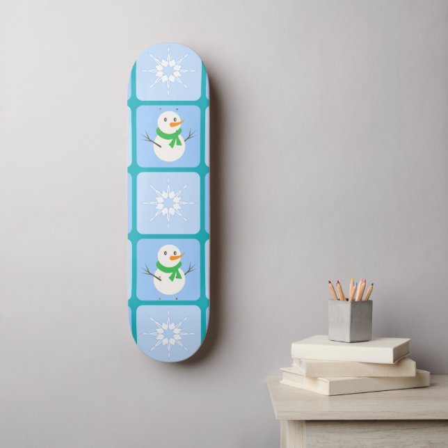 Skateboard À damiers hiver bonhomme de neige motif et flocons (Art mural)