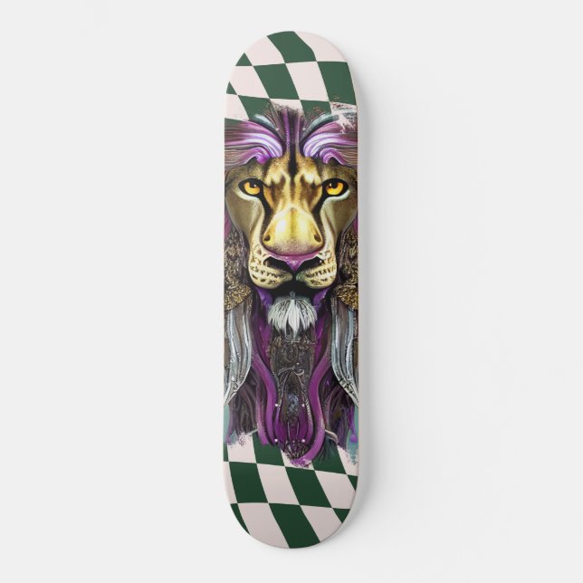 Skateboard À damiers Lion rouge vert rétro (Recto)