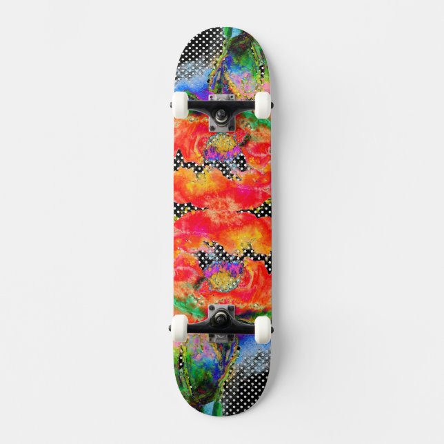 Skateboard À petits pois noirs et blancs Red Poppy (Recto)