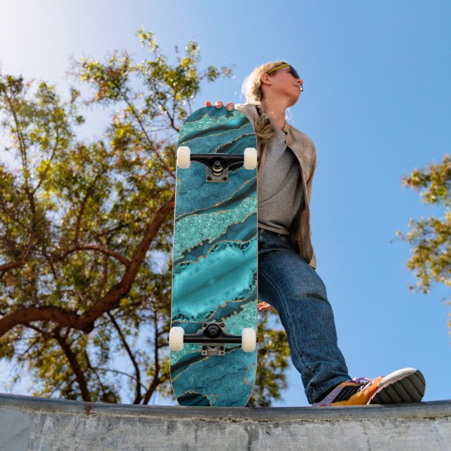 Skateboard Agate Turquoise Blue Gold Aqua Turquoise Skateboar (Extérieur 1)