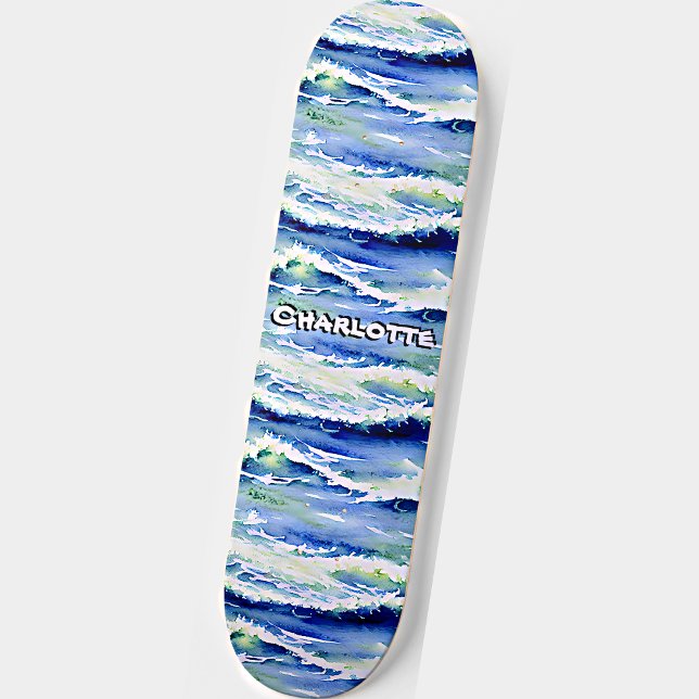 Skateboard Ajouter un nom, Ocean Waves Blue White (Créateur téléchargé)