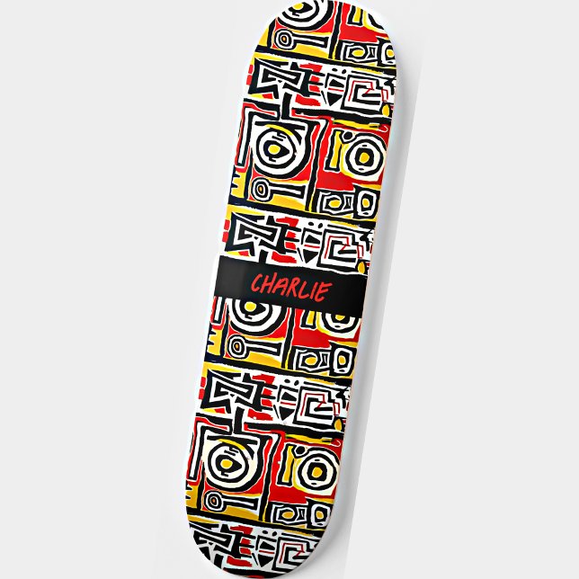 Skateboard Ajouter un nom, rouge jaune noir Abstrait (Créateur téléchargé)