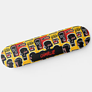Skateboard Ajouter un nom, Rouge Noir Abstrait Têtes sur Jaun