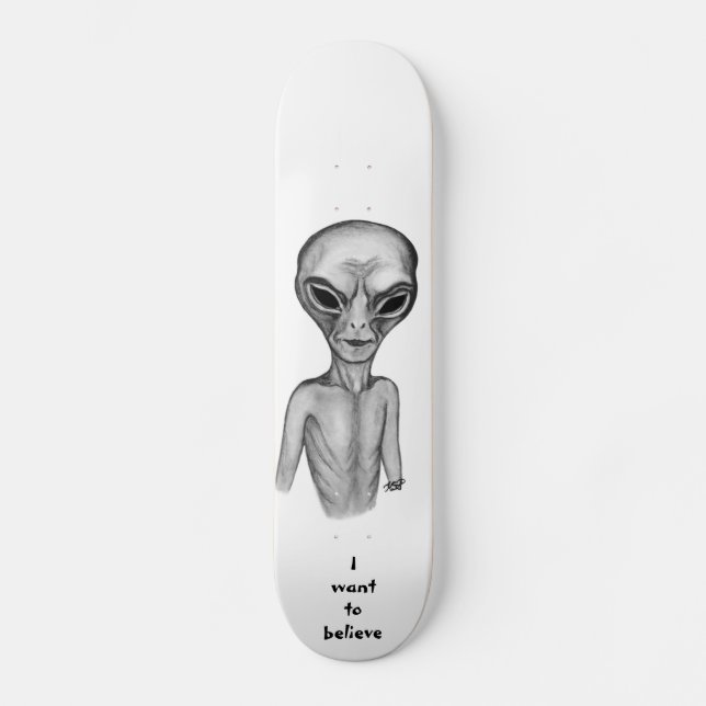 Skateboard Alien gris, je veux croire (Recto)