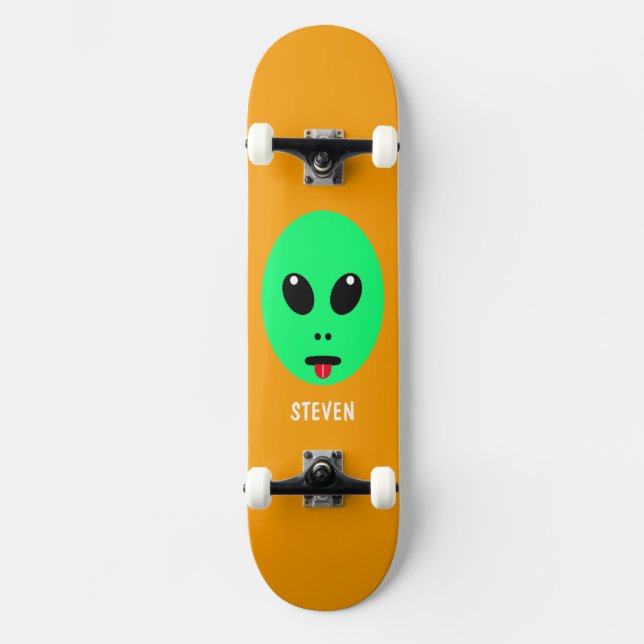 Skateboard Alien Head Green Orange Personnalisé Enfants (Recto)